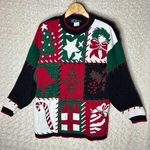Vintage Christmas Knit Sweater‎ 1980s/1990s Large Ugly Tacky Sparkle Tree Star